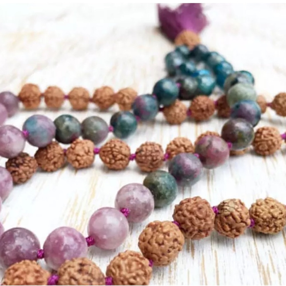 Mixed Gemstone and Rudraksha Seed Mala 8mm - Picture 4 of 11
